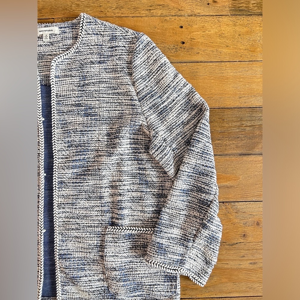MAX STUDIO Cardigan Blazer Textured Tweed Braided Pockets Blue, black white blue - Picture 9 of 10